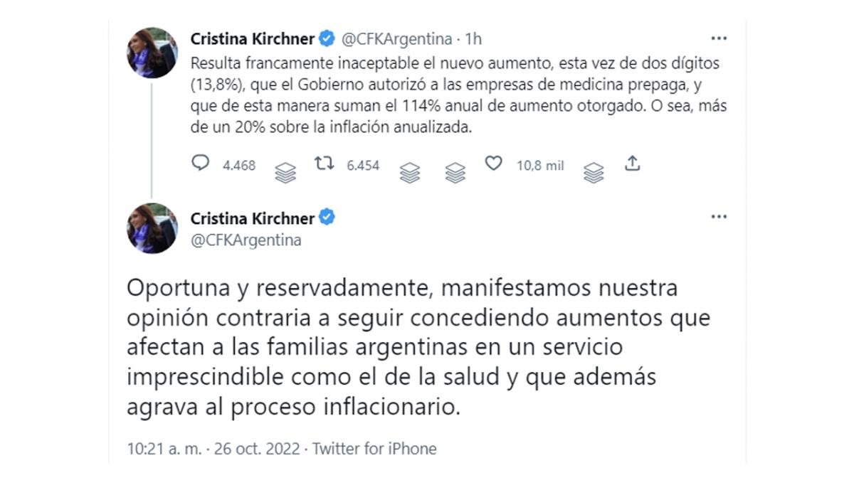Cristina Kirchner criticó el aumento de las prepagas que el mismo Gobierno autorizó
