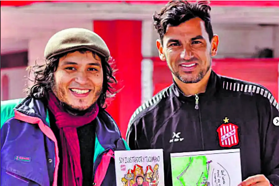 PROTAGONISTA. “Tino” Costa, mediocampista de San Martín, tiene su lugar en el libro del caricaturista. 