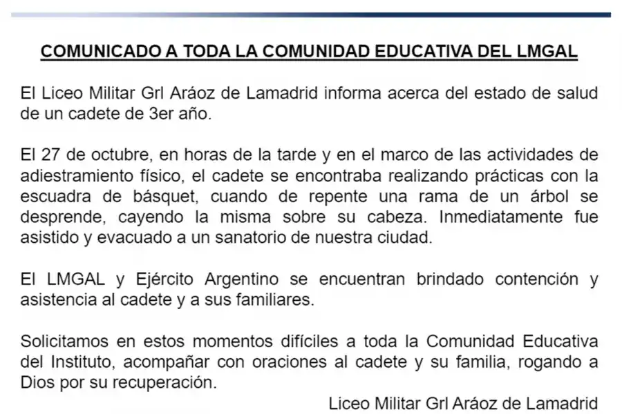 COMUNICADO. El Liceo Militar pidió oraciones para la pronta recuperación del adolescente lastimado.