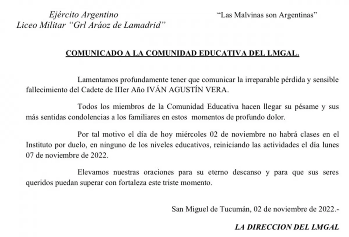 Falleció el cadete golpeado por una rama en el Liceo Militar Aráoz de La Madrid