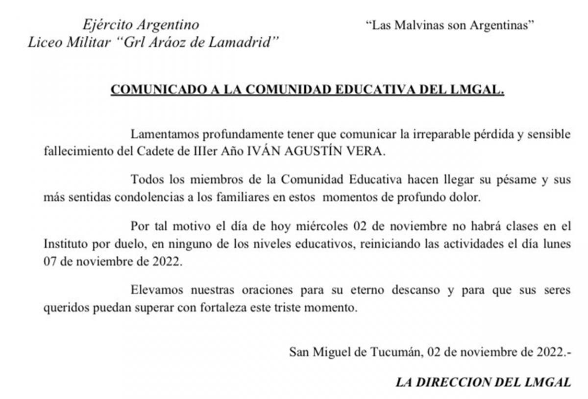 Falleció el cadete golpeado por una rama en el Liceo Militar Aráoz de La Madrid