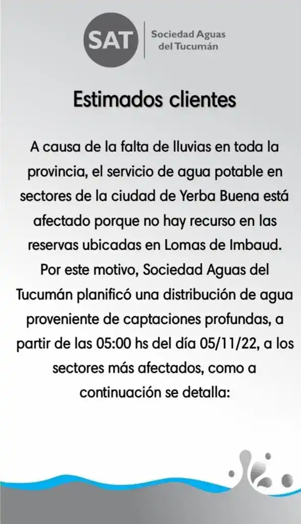 Yerba Buena: no hay agua por la falta de lluvias y la SAT asistirá a los vecinos