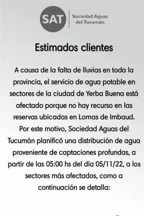 Yerba Buena: no hay agua por la falta de lluvias y la SAT asistirá a los vecinos