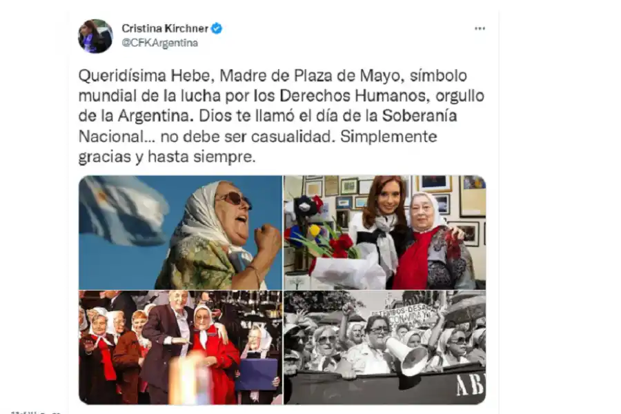 Cristina Kirchner despidió a Hebe de Bonafini: Dios te llamó el día de la Soberanía Nacional… no debe ser casualidad