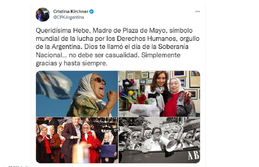 Cristina Kirchner despidió a Hebe de Bonafini: Dios te llamó el día de la Soberanía Nacional… no debe ser casualidad