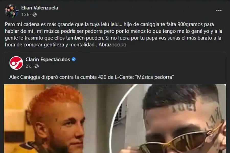 L-Gante respondió a las críticas de Alex Caniggia a la cumbia 420: “si no fuera por tu papá, vos serías el más barato”
