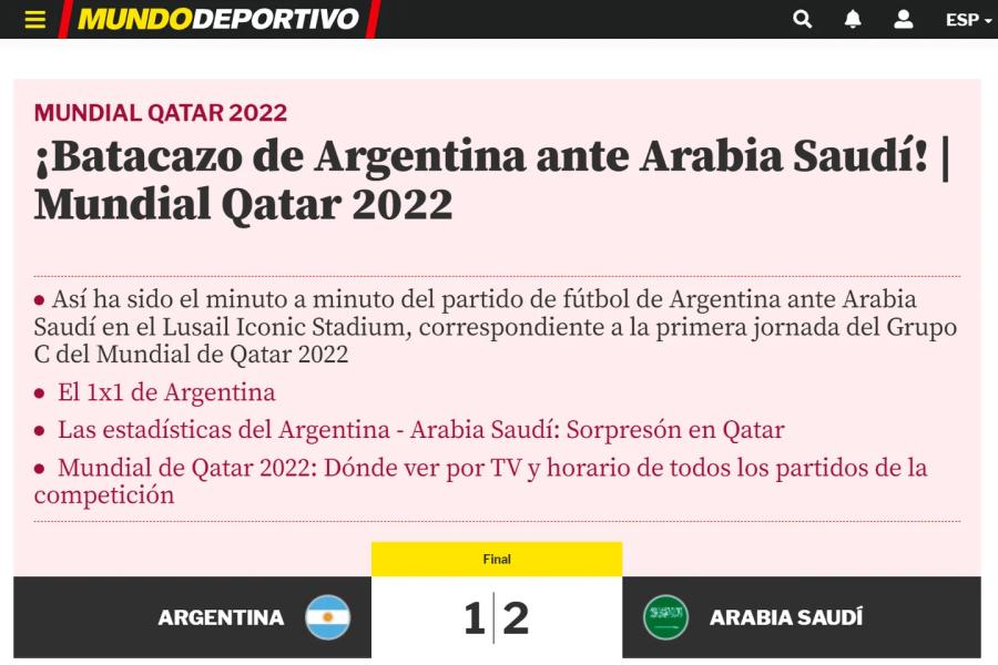 Mundial de Qatar 2022: la categórica repercusión en la prensa internacional tras la derrota de Argentina ante Arabia Saudita, Desastre mundial