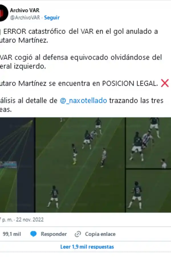 ¿Error en el VAR?: un análisis tecnológico revela que Lautaro Martínez estaba habilitado