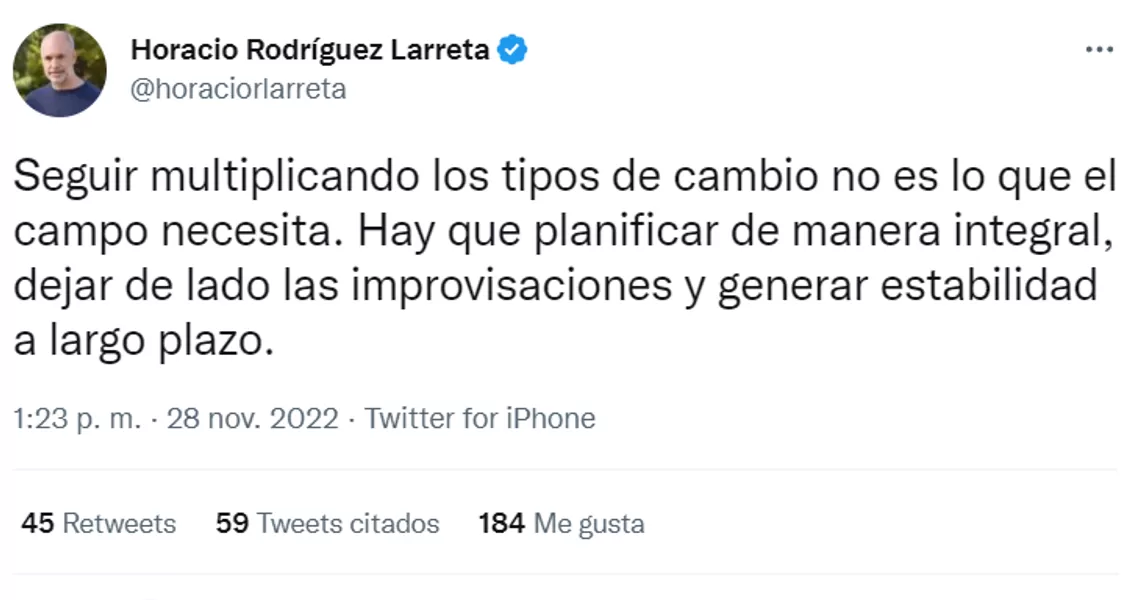Rodríguez Larreta cuestionó el nuevo dólar soja: Seguir multiplicando los tipos de cambio no es lo que el campo necesita