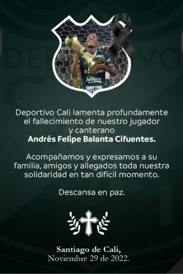 El adiós del club Deportivo Cali a Andrés Balanta: Descansa en paz, campeón