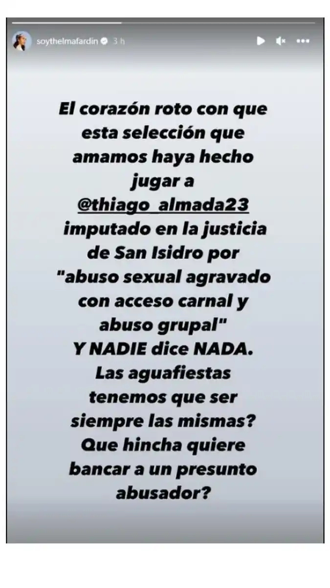 Thelma Fardin, contra un jugador de la Selección: ¿Qué hincha banca a un presunto abusador?