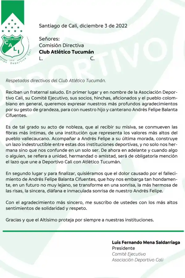 La carta de Deportivo Cali.