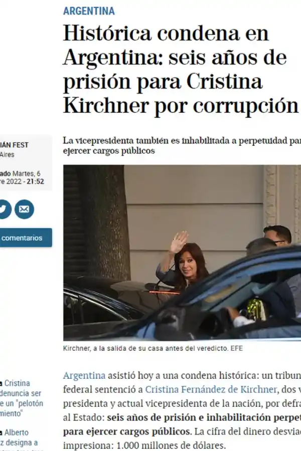 La repercusión en la prensa internacional de la condena a Cristina Fernández