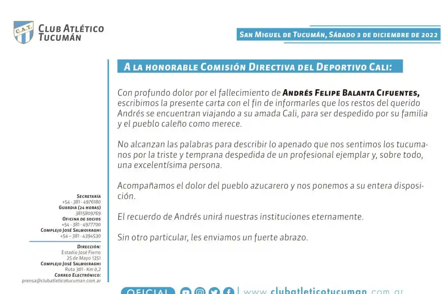 La carta de Atlético.