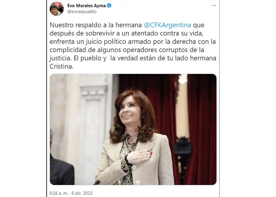 “Un juicio político armado: así respaldó Evo Morales a Cristina Kirchner