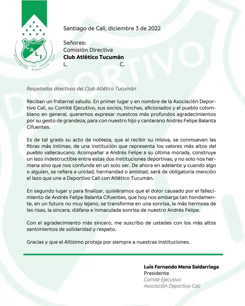 La carta de Deportivo Cali.