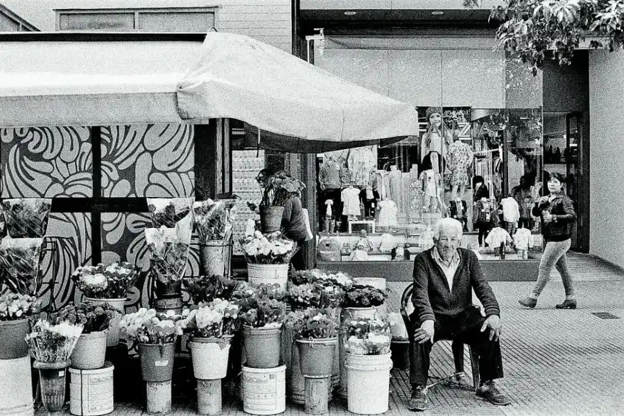 HABITANTE DEL CENTRO. Un florista espera clientes y lo retrata Gonzalo Andretta. 
