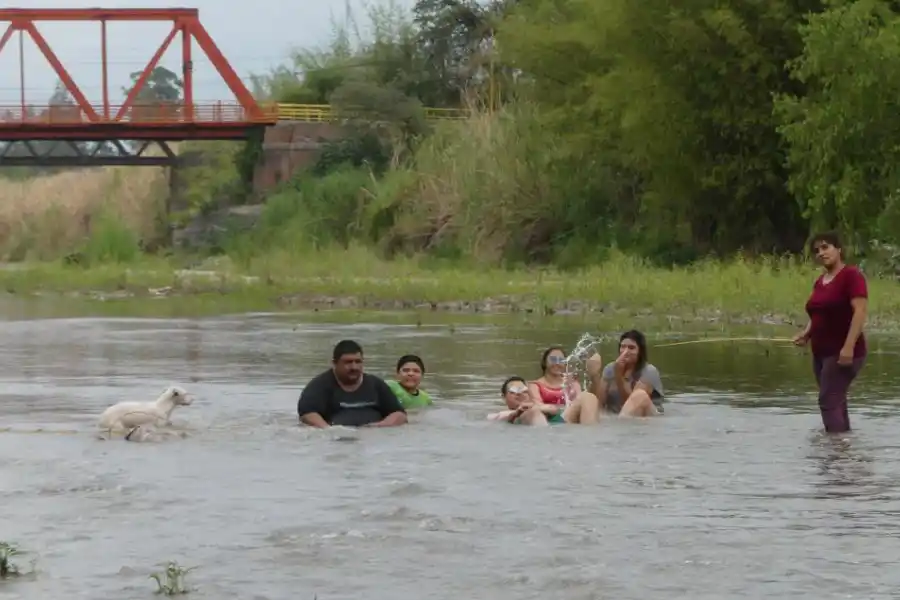 ALIVIO III. El río Medinas es contenedor frente a las altas temperaturas: ahí se refrescaba ayer la familia y también el perrito.