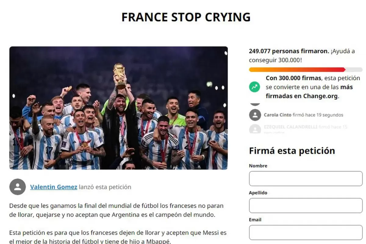 Hinchas argentinos juntan firmas para que Francia “deje de llorar” por la final del Mundial