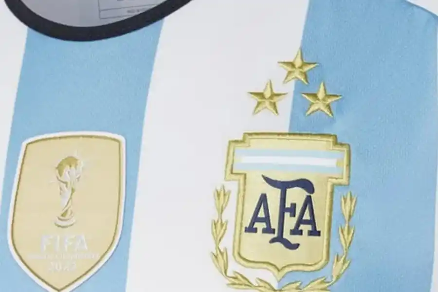 DETALLE. Este nuevo modelo de la camiseta de la Selección Argentina, además de las tres estrellas, llevará el escudo de Campeones del Mundo.