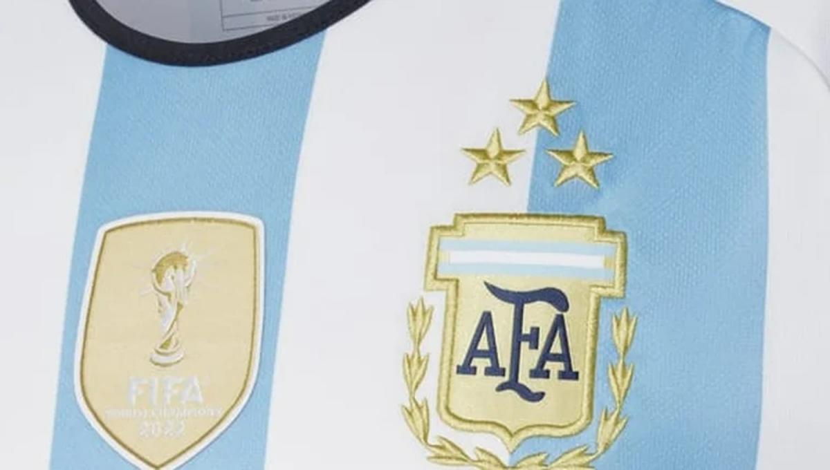 DETALLE. Este nuevo modelo de la camiseta de la Selección Argentina, además de las tres estrellas, llevará el escudo de Campeones del Mundo.