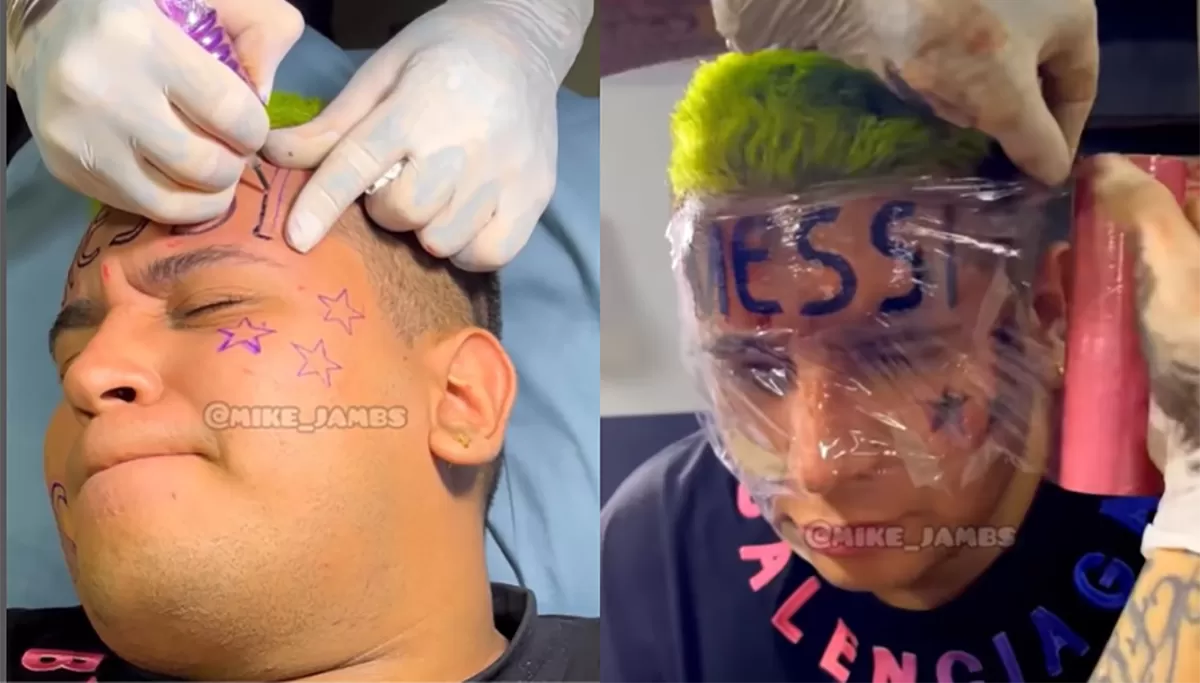 Mike Jambs tatuandose Messi, las tres estrellas y D10S en su rostro