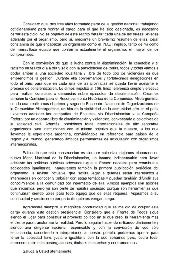 La carta de Victoria Donda en la que explica su renuncia