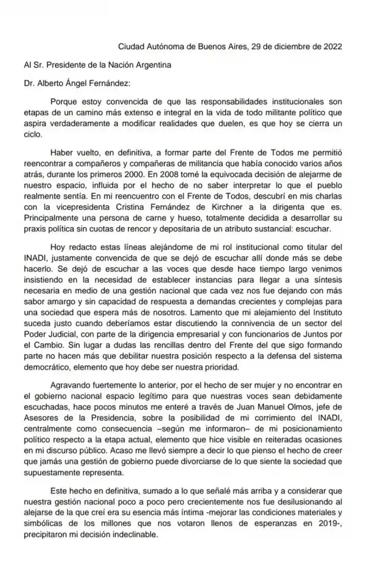 La carta de Victoria Donda en la que explica su renuncia