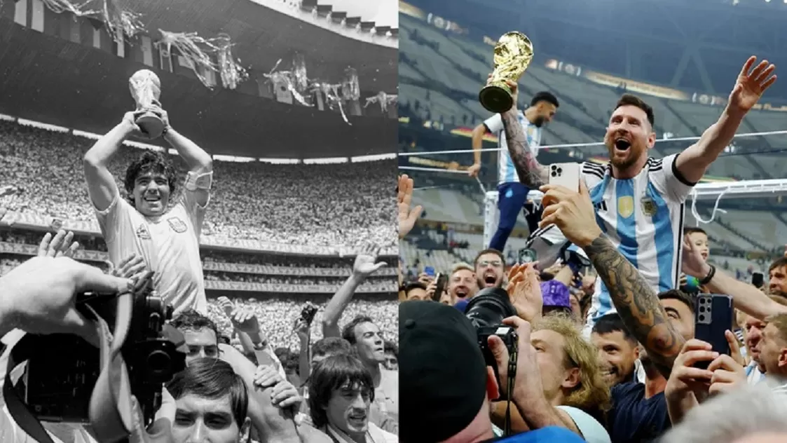DOS POSTALES DE GLORIA. En México 1986 Maradona levanta el trofeo más preciado para un país; 36 años después Messi repitió la escena.