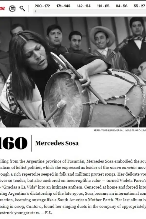 Mercedes Sosa es una de las mejores cantantes de todos los tiempos, según la Rolling Stone
