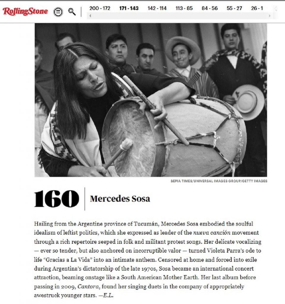 Mercedes Sosa es una de las mejores cantantes de todos los tiempos, según la Rolling Stone