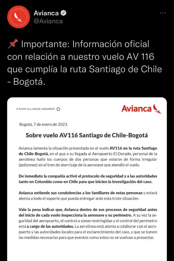 El comunicado de Avianca.