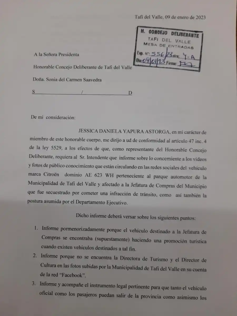El pedido de informes de la concejala Yapura Astorga.