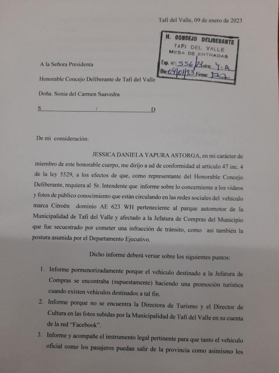 El pedido de informes de la concejala Yapura Astorga.