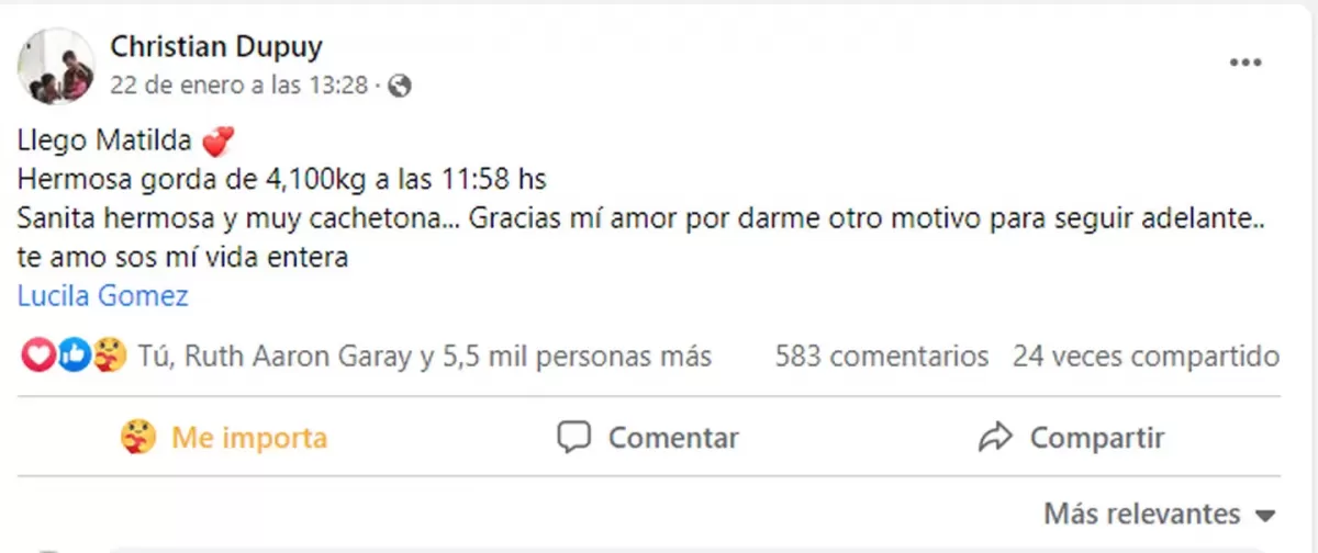 A días del fallo por el crimen de Lucio Dupuy, su padre tuvo una hija: “llegó Matilda, un motivo para seguir”