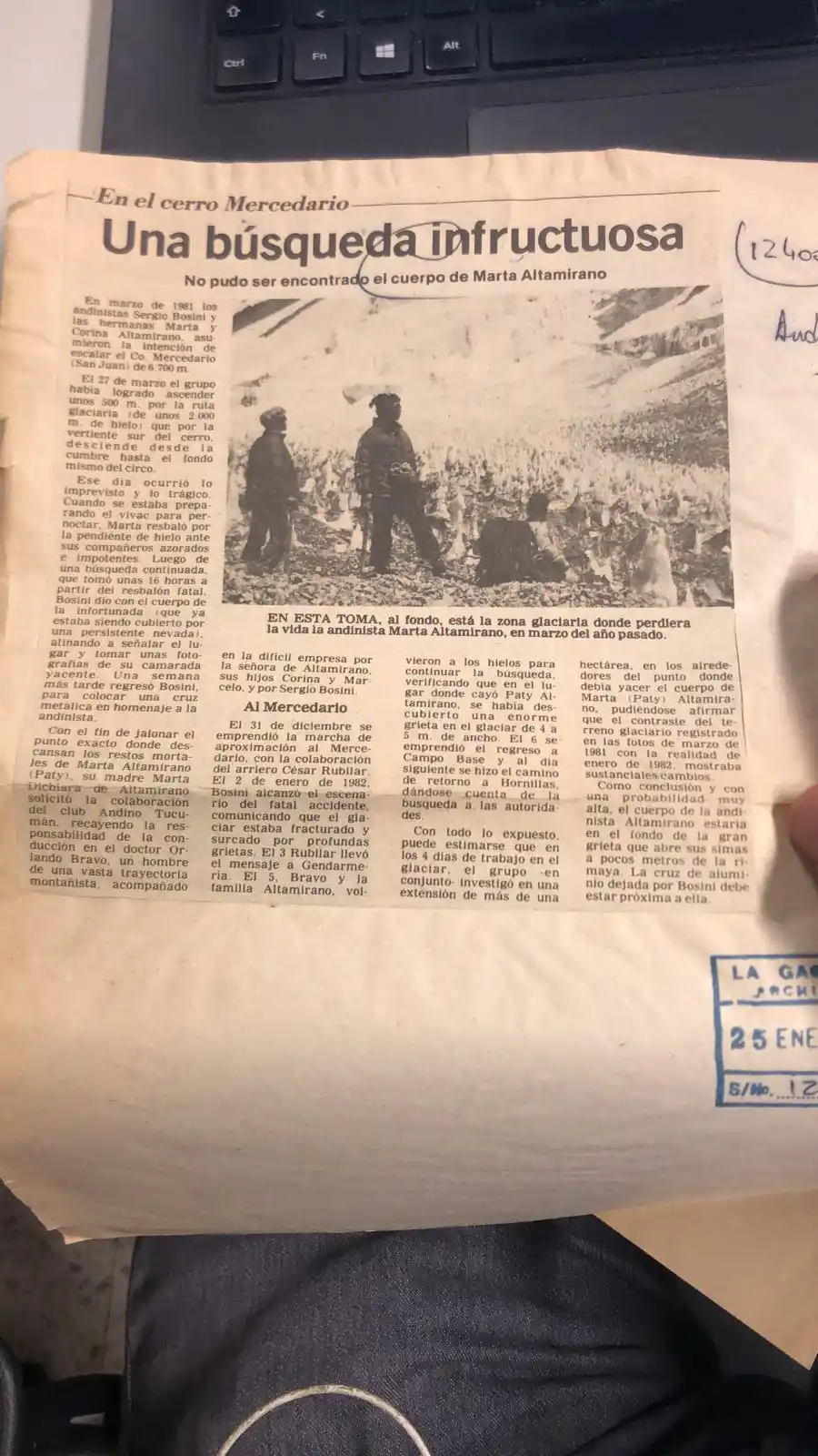 CRÓNICAS. Así informó LA GACETA en enero de 1982 los resultados de la segunda expedición para dar con el cuerpo de Marta.