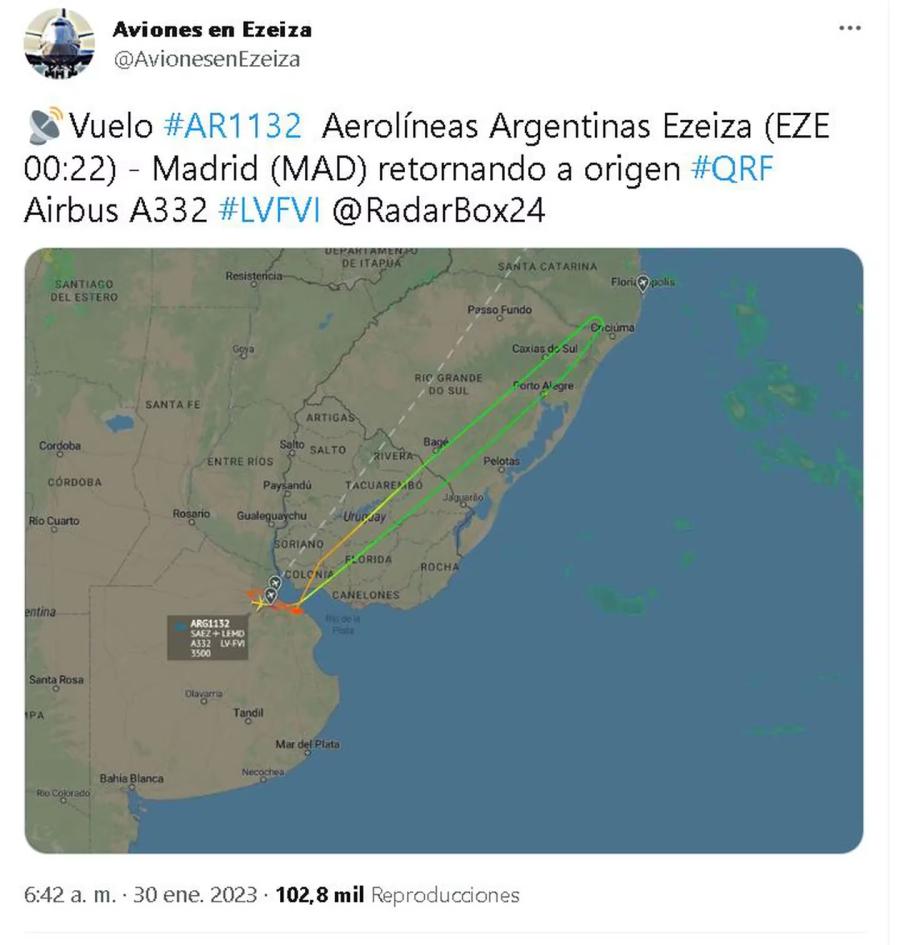 Susto en Buenos Aires: un avión voló en círculos durante cinco horas para descargar combustible y regresar a Ezeiza