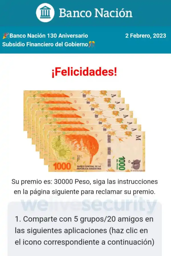 A estar atentos: circula a través de WhatsApp el anuncio de un falso subsidio otorgado por Banco Nación