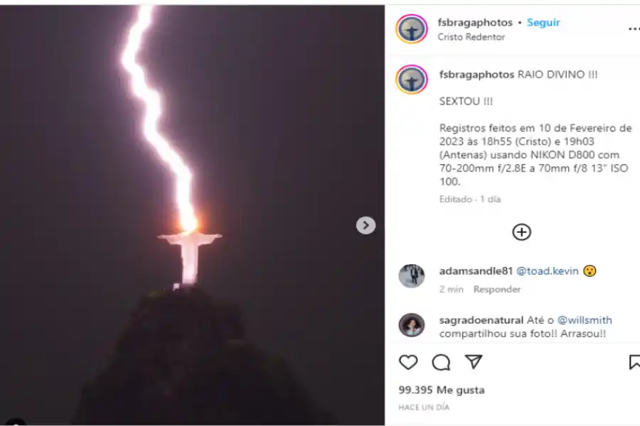 La increíble foto de un rayo sobre el Cristo Redentor en Brasil