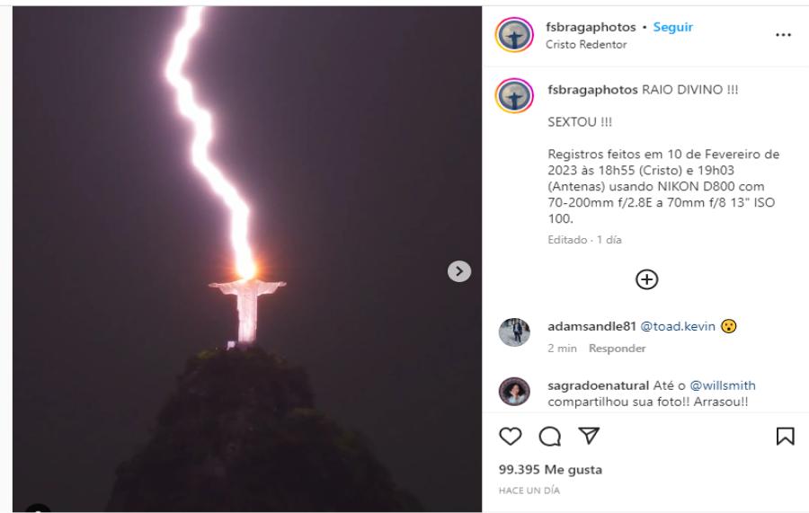 La increíble foto de un rayo sobre el Cristo Redentor en Brasil