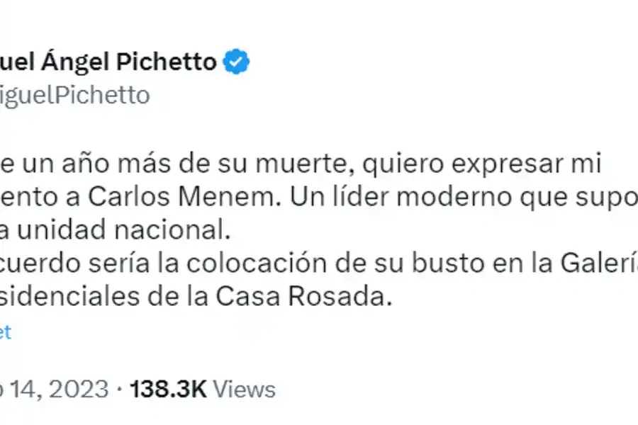 Miguel Ángel Pichetto pidió que se coloque el busto de Carlos Menem en la Casa Rosada