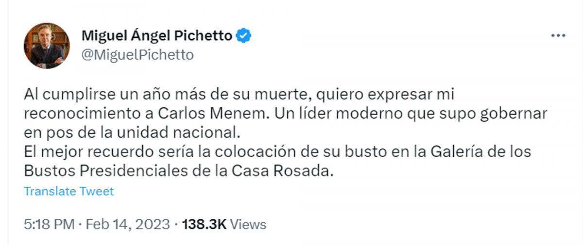 Miguel Ángel Pichetto pidió que se coloque el busto de Carlos Menem en la Casa Rosada