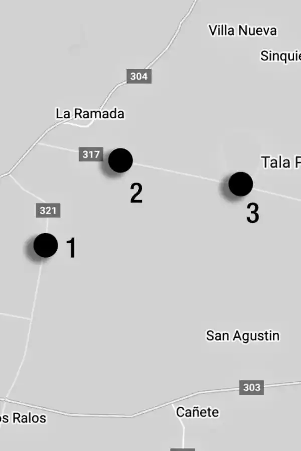  Zona rural del este. 1-  La Marta, donde mataron a José Antonio Gómez. Está a 15.5 km. de La Ramada de Abajo. 2-  La Ramada de Abajo, donde mataron a José Porcel. Está a 10.5 km. de Tala Pozo 3-  Tala Pozo, donde mataron a Damián Florentino Gómez. Está a 26 km. de La Marta.