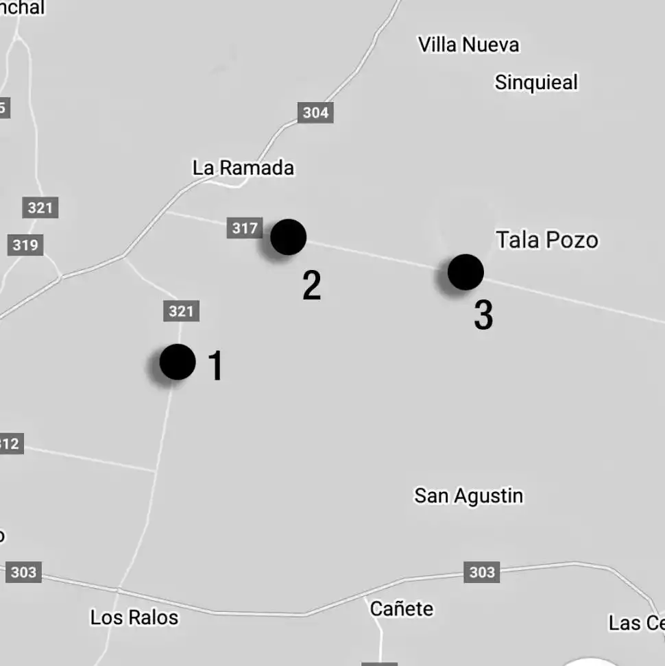 Zona rural del este. 1-  La Marta, donde mataron a José Antonio Gómez. Está a 15.5 km. de La Ramada de Abajo. 2-  La Ramada de Abajo, donde mataron a José Porcel. Está a 10.5 km. de Tala Pozo 3-  Tala Pozo, donde mataron a Damián Florentino Gómez. Está a 26 km. de La Marta.