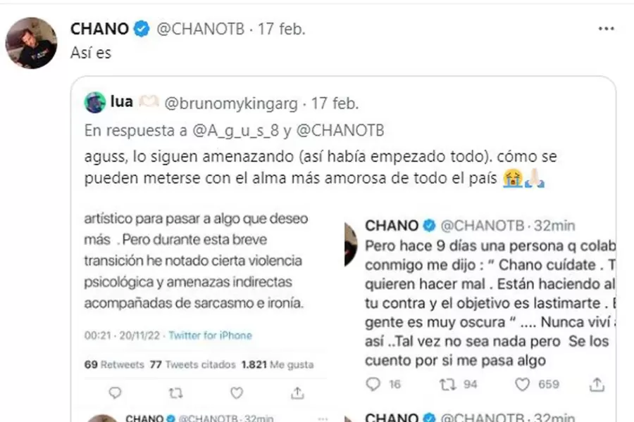 Los mensajes que compartió Chano durante las últimas horas (Foto: Captura Twitter / Chanotb)