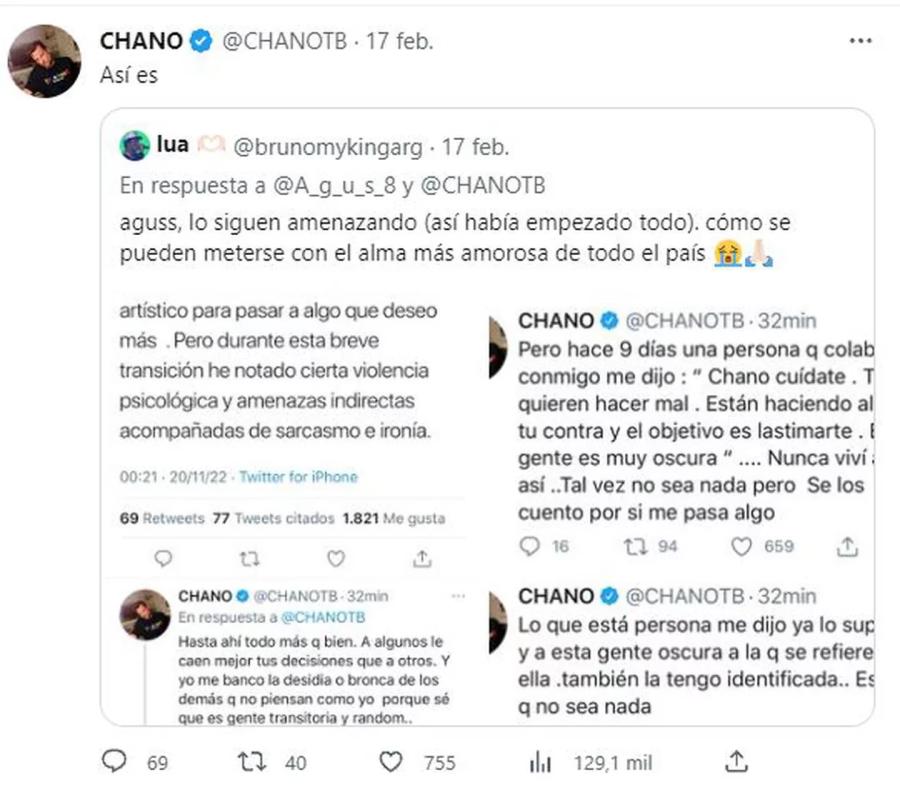 Los mensajes que compartió Chano durante las últimas horas (Foto: Captura Twitter / Chanotb)