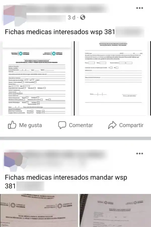 POR FACEBOOK. Ofrecen las fichas médicas para ingreso escolar. Captura de Pantalla