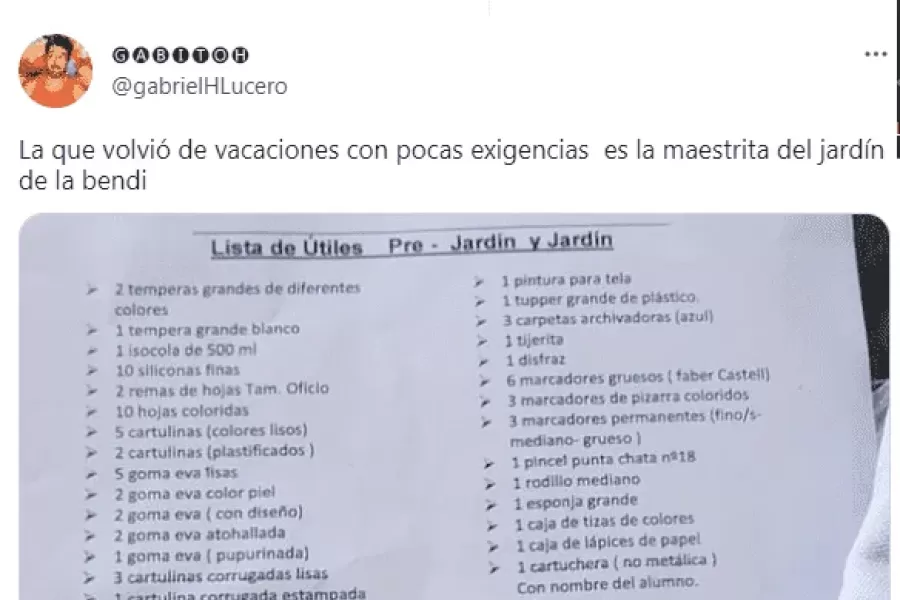 El tuit viral de la lista de útiles escolares.