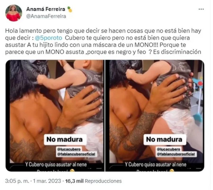 La publicación en Twitter de Anamá Ferreira donde acusa a Cubero de discriminación.