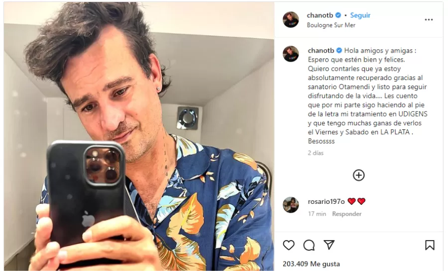 Chano Charpentier reapareció en sus redes sociales luego de recibir el alta